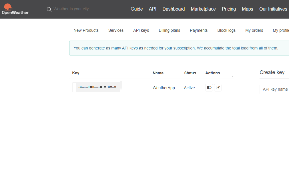 APIキーの取得画面